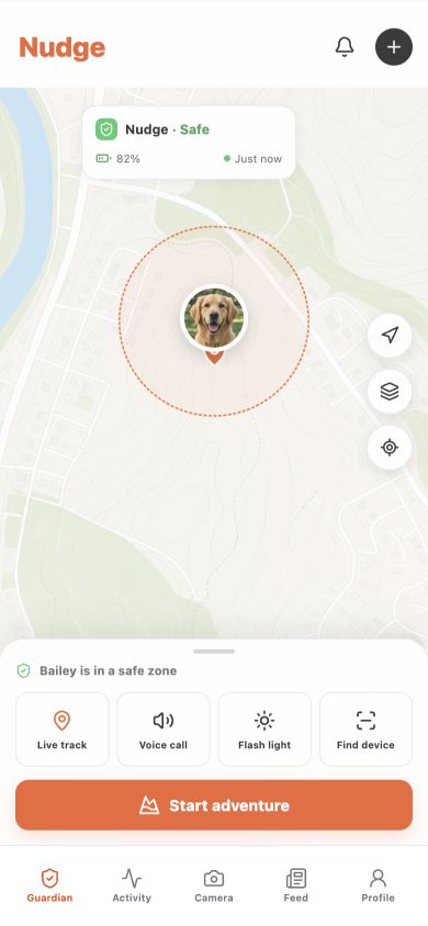 Nudge pet companion app showing the location and safety interface